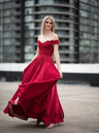 Ball Gown Off-the-Shoulder Satin Applique Sleeveless Floor-Length Prom Dresses