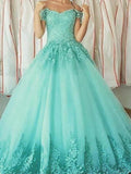Ball Gown Sleeveless Off-the-Shoulder Applique Floor-Length Tulle Prom Dresses
