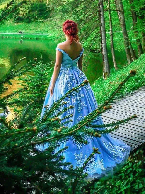 Ball Gown Sleeveless Off-the-Shoulder Applique Tulle Prom Dresses