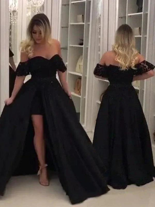 Ball Gown Sleeveless Off-the-Shoulder Lace Satin Prom Dresses