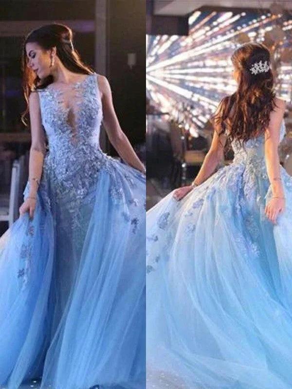 Ball Gown Sleeveless Scoop Applique Tulle Prom Dresses