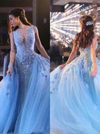 Ball Gown Sleeveless Scoop Applique Tulle Prom Dresses