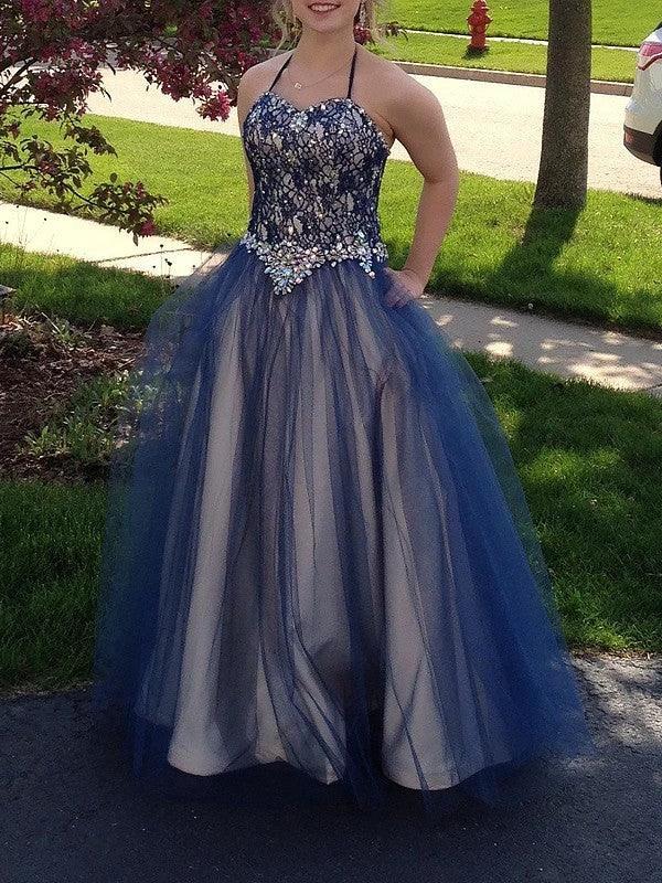 Ball Gown Sleeveless Spaghetti Straps Beading Floor-Length Tulle Prom Dresses
