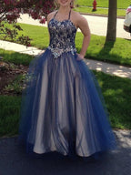 Ball Gown Sleeveless Spaghetti Straps Beading Floor-Length Tulle Prom Dresses