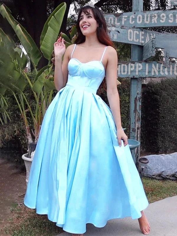 Ball Gown Spaghetti Straps Sleeveless Satin Ruffles Tea-Length Homecoming Prom Dresses