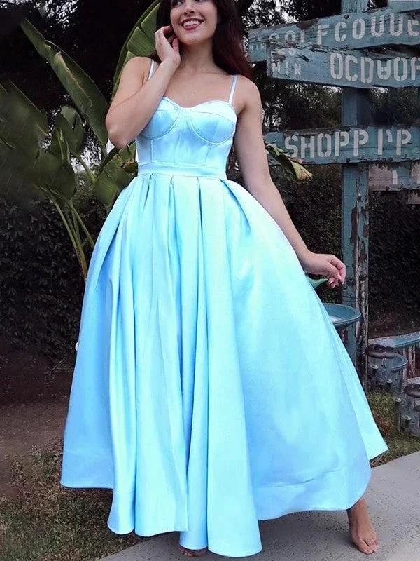 Ball Gown Spaghetti Straps Sleeveless Satin Ruffles Tea-Length Homecoming Prom Dresses