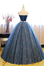 Ball Gown Strapless Embroidery Pearl Dark Blue Formal Prom Dresses