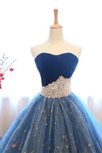 Ball Gown Strapless Embroidery Pearl Dark Blue Formal Prom Dresses