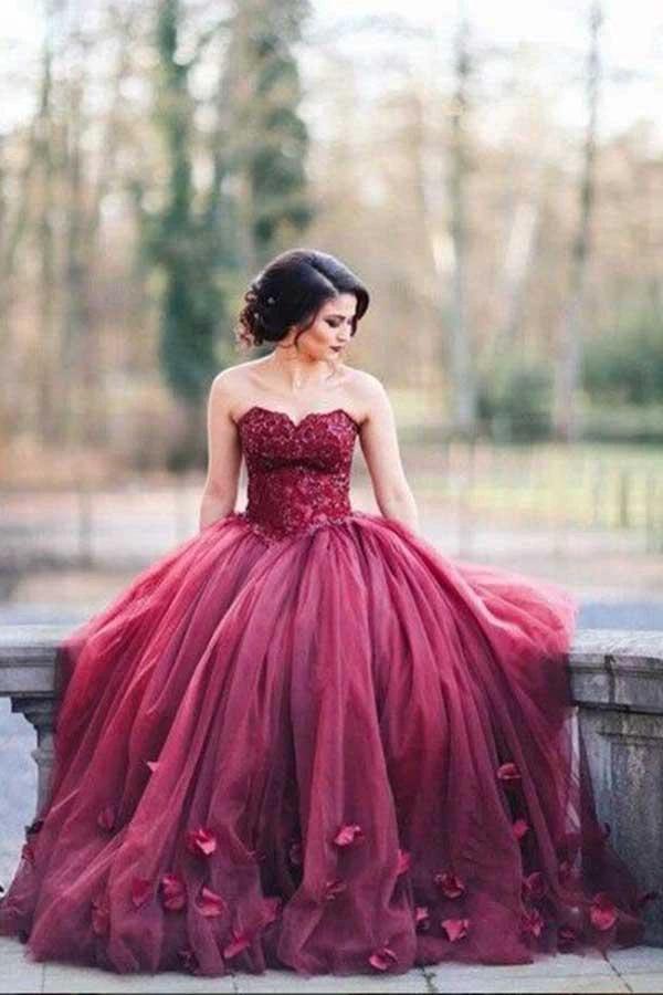 Ball Gown Sweetheart Burgundy Tulle Wedding Dress with Handmade Flowers  WD238