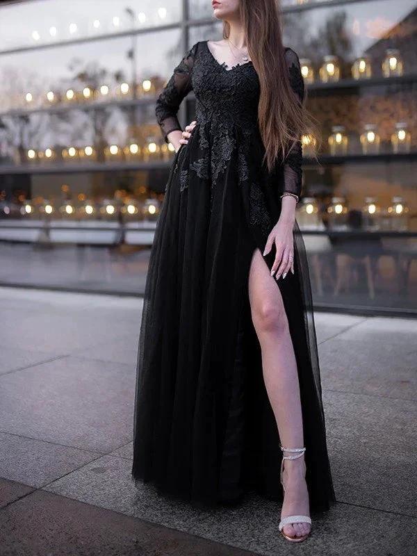 Ball Gown Tulle Long Sleeves Applique Off-the-Shoulder Floor-Length Prom Dresses