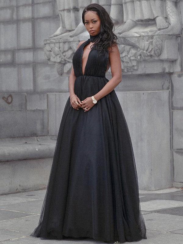 Ball Gown Tulle Ruffles V-neck Sleeveless Court Train Prom Dresses