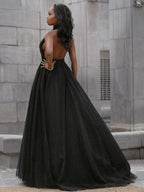 Ball Gown Tulle Ruffles V-neck Sleeveless Court Train Prom Dresses