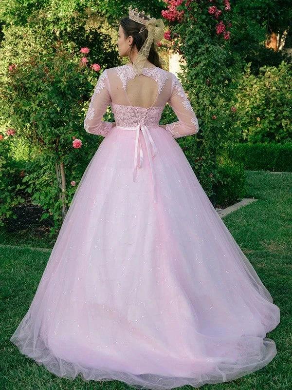 Ball Gown Tulle Scoop Lace Long Sleeves Prom Dresses