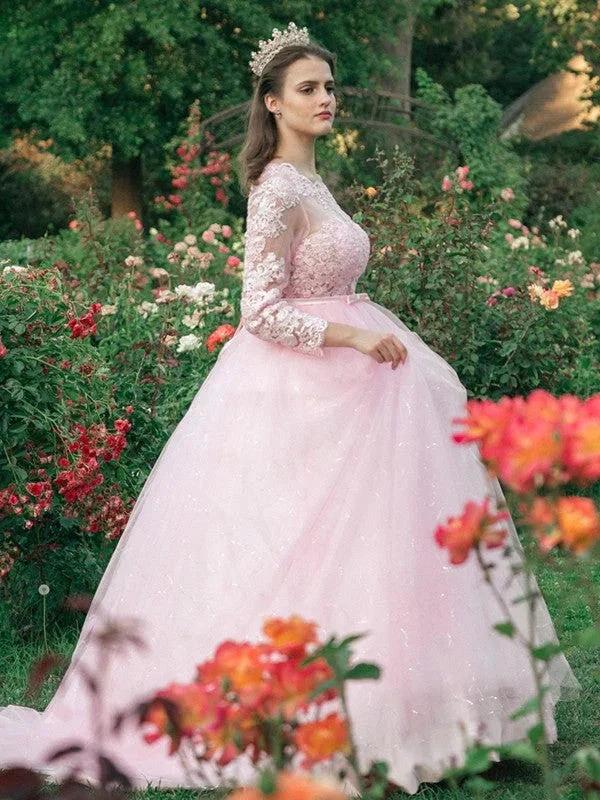 Ball Gown Tulle Scoop Lace Long Sleeves Prom Dresses