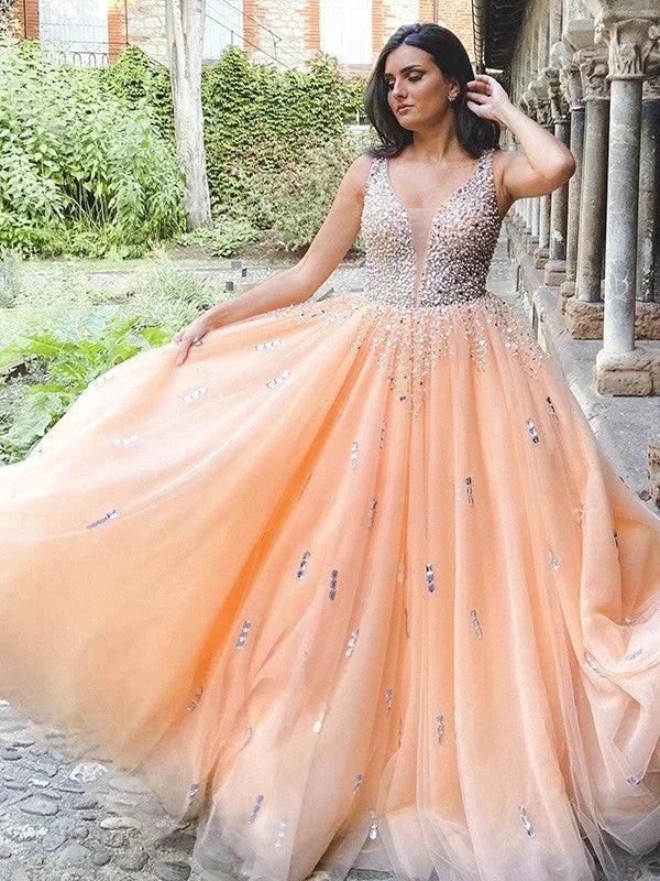 Ball Gown Tulle V-neck Beading Sleeveless Floor-Length Prom Dresses