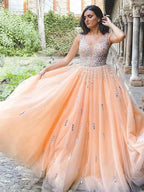 Ball Gown Tulle V-neck Beading Sleeveless Floor-Length Prom Dresses