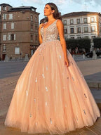 Ball Gown Tulle V-neck Beading Sleeveless Floor-Length Prom Dresses