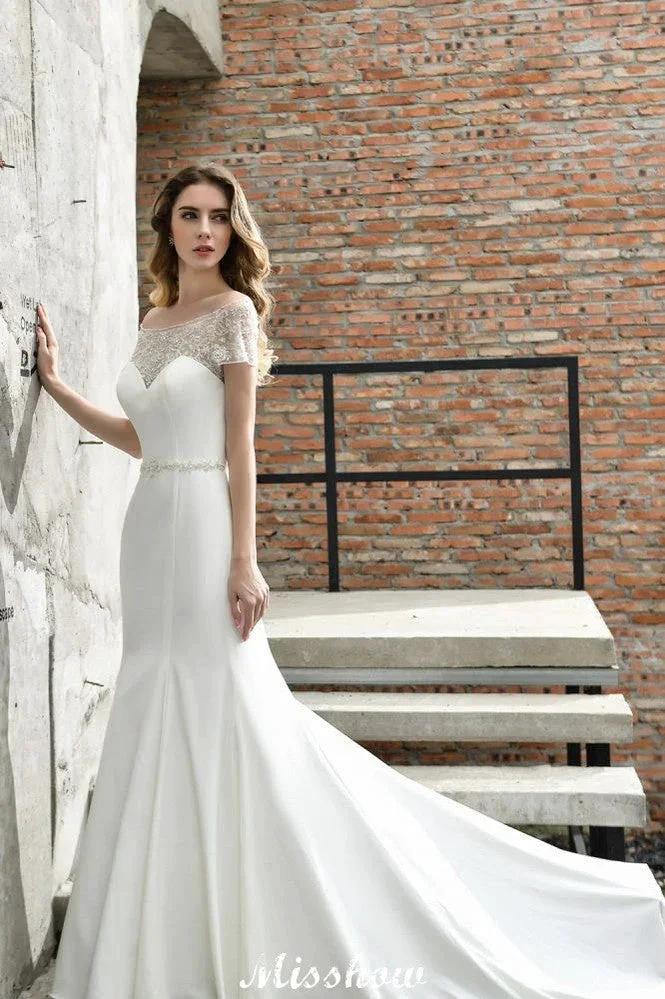 Bateau Short Sleeve Slim Mermaid Wedding Gown Satin Bridal Gown Sweep/Trump Train