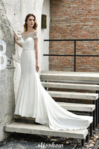 Bateau Short Sleeve Slim Mermaid Wedding Gown Satin Bridal Gown Sweep/Trump Train