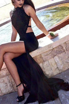 Halter Split Front Open Back Sleeveless Mermaid Long Prom Dress