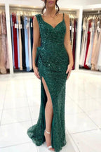 Spaghetti Strap Green Mermaid Long Prom Dress with Split Sequins