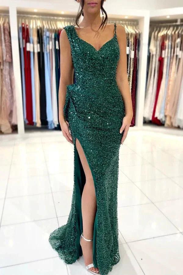 Spaghetti Strap Green Mermaid Long Prom Dress with Split Sequins