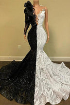 Long Sleeves Black and White Mermaid Lace Prom Dress
