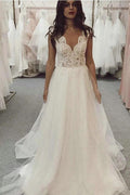 Beach Ivory Long A Line V Neck Tulle Lace Wedding Dress