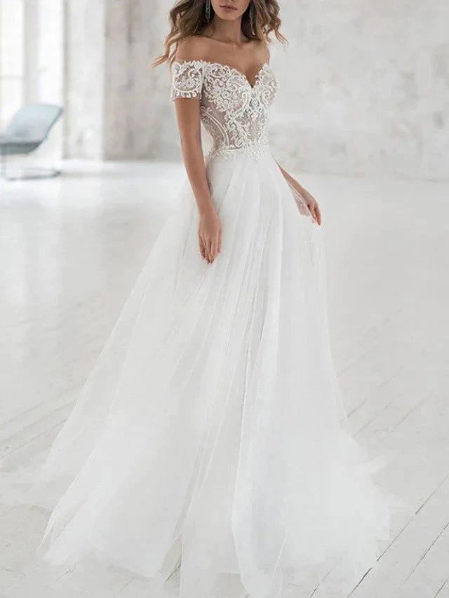Beach Long A-Line Off the Shoulder Lace Tulle Wedding Dresses