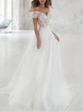 Beach Long A-Line Off the Shoulder Lace Tulle Wedding Dresses