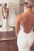 Beach Long Mermaid V-neck Lace Open Back Wedding Dresses