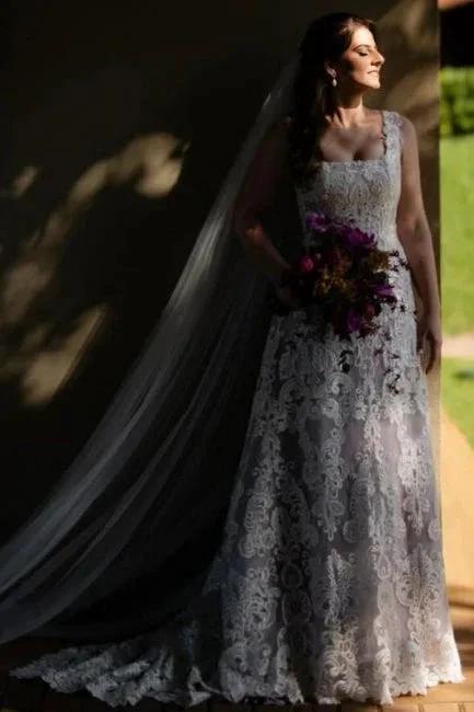 Beautiful A-Line Lace Square Sleeveless Ivory Long Wedding Dress With Appliques