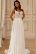 Beautiful A-Line Lace V-Neck Sleeveless White Wedding Dress With Appliques