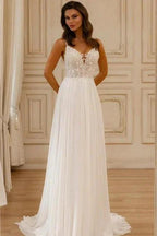 Beautiful A-Line Lace V-Neck Sleeveless White Wedding Dress With Appliques