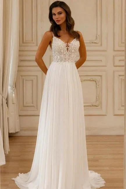 Beautiful A-Line Lace V-Neck Sleeveless White Wedding Dress With Appliques