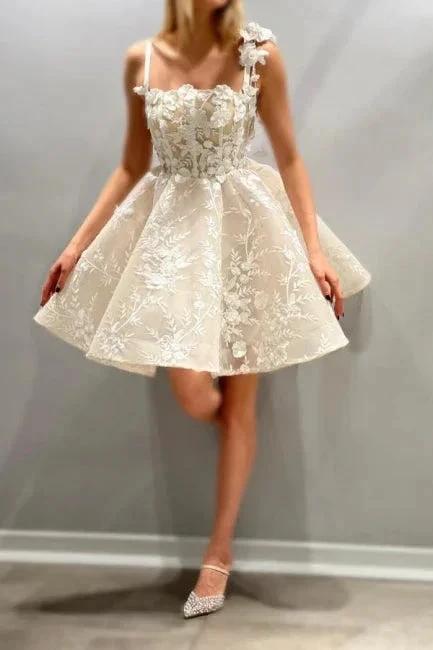 Beautiful A-Line Tulle Lace Spaghetti Straps Sleeveless Ivory Short Wedding Dress With Appliques