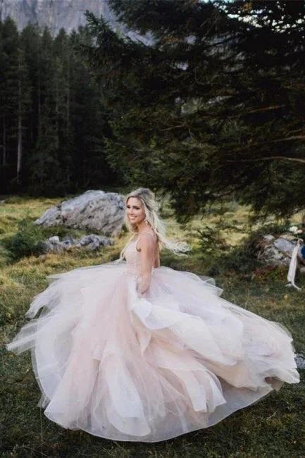 Beautiful A-line V-neck Backless Tulle Sleeveless Wedding Dresses
