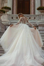 Beautiful A-Line V-neck Lace Long Sleeves Mermaid Wedding Dresses With Detachable Train