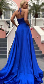 Beautiful A-line V-neck Stretch Satin Backless Long Prom Dress with Slit
