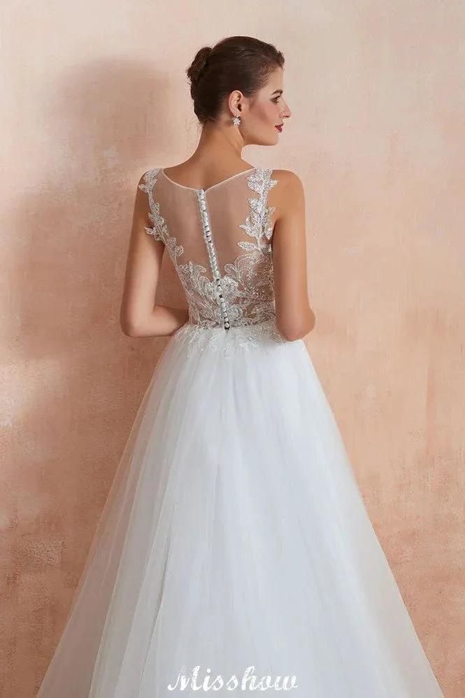 Beautiful Bateau Neck White Wedding Dress Sparkly Sequins Lace Bridal Gown