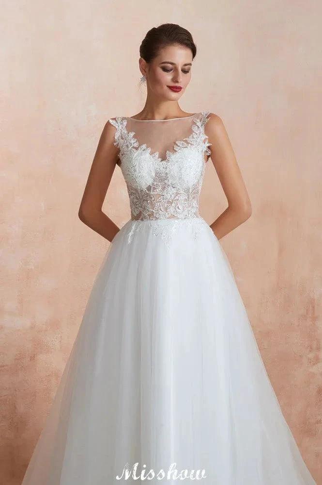 Beautiful Bateau Neck White Wedding Dress Sparkly Sequins Lace Bridal Gown