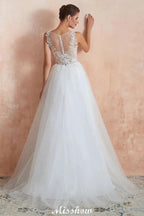 Beautiful Bateau Neck White Wedding Dress Sparkly Sequins Lace Bridal Gown