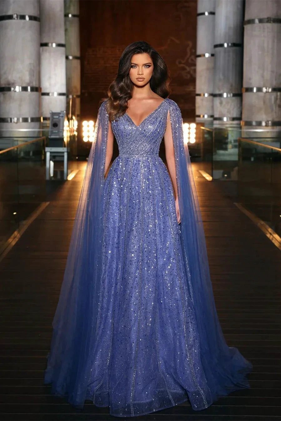 Beautiful Blue Long A-line V-neck Beading Evening Dress With Ruffles