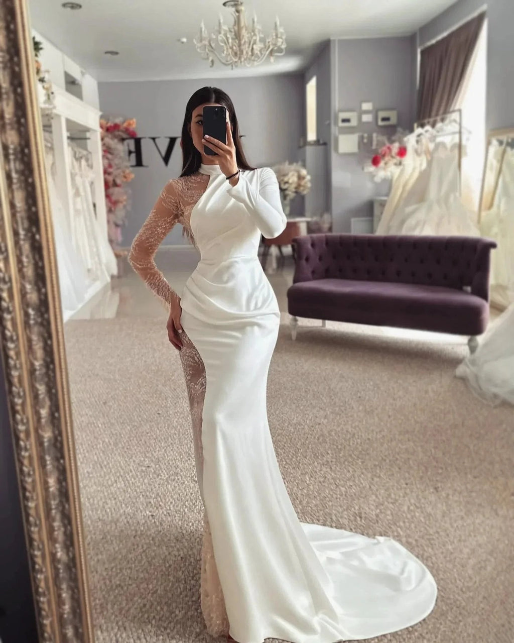 Beautiful Column Satin Lace Halter Long Sleeve Wedding Dress With Appliques