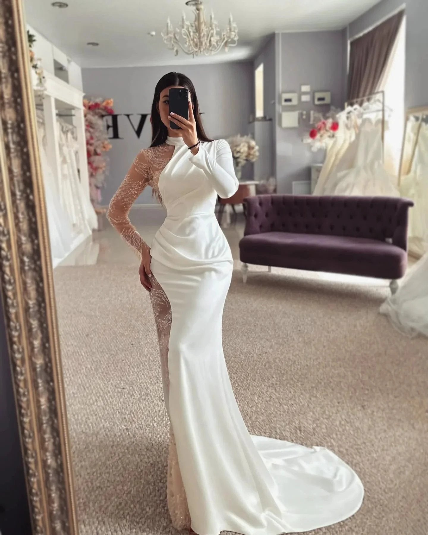 Beautiful Column Satin Lace Halter Long Sleeve Wedding Dress With Appliques
