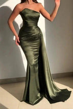 Beautiful Green Strapless Sleeveless Mermaid Floor-Length Prom Dresses with Ruffles