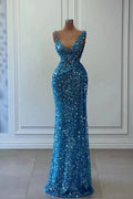 Beautiful Long A-line Blue V-neck Sequined Sleeveless Prom Dress