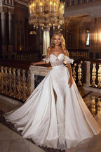 Beautiful Long A-line Off-the-shoulder Sweetheart Appliques Lace Satin Wedding Dress