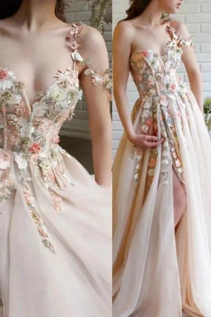Beautiful Long A-line One Shoulder Flowers Evening Dresses With Slit