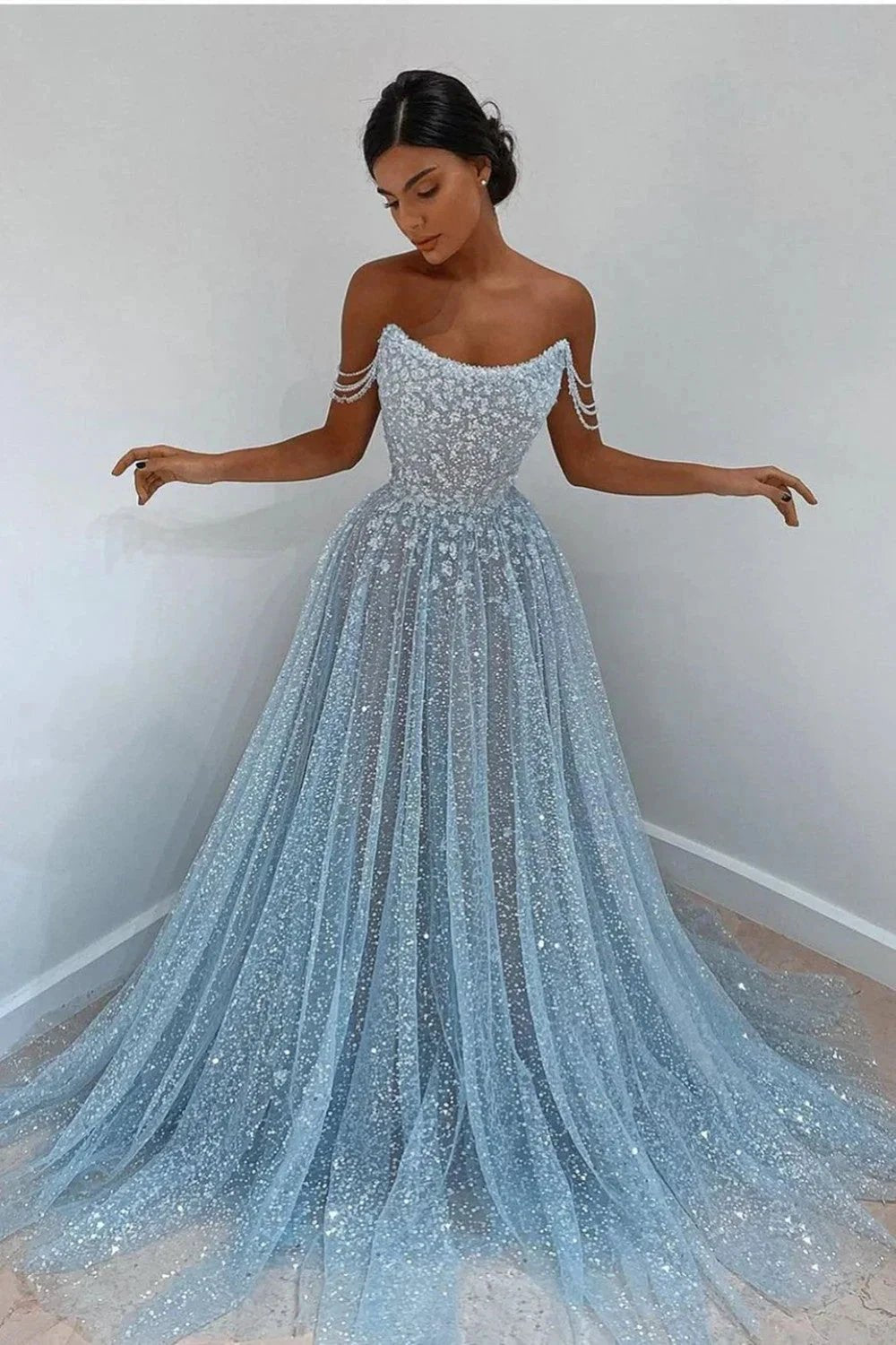 Beautiful Long A-line Scoop Sequined Prom Dress